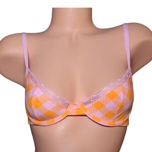 Savage X Fenty Pink Orange Gingham Mesh Trim Underwire Bra 34A NWT